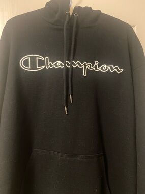 Champion Black Pullover Hoodie with White Script Logo. Worn once zero fade.